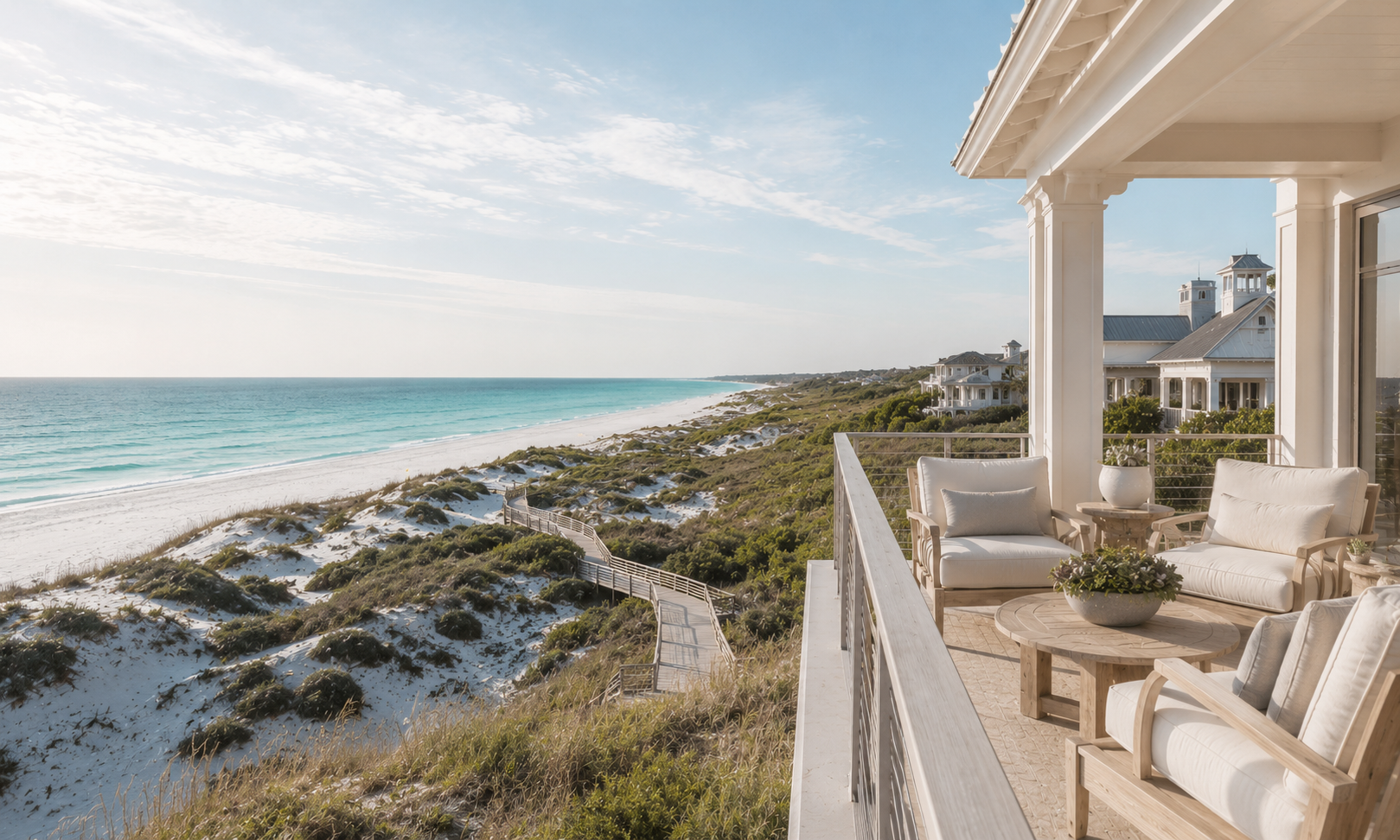 Gulf-front luxury home along 30A in South Walton County at golden hour